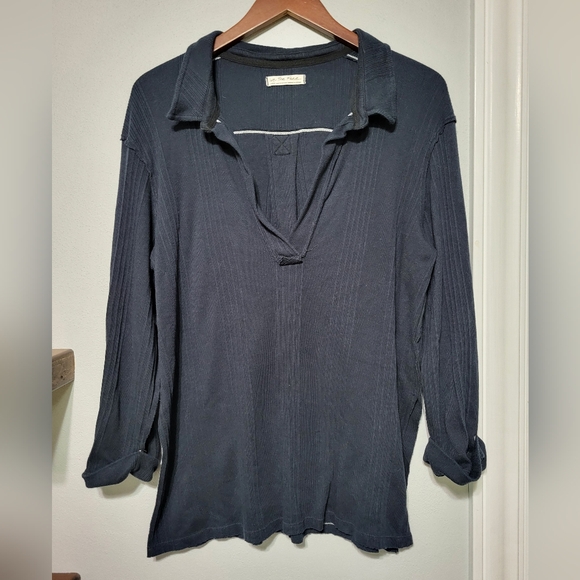 We The Free FP Annie Ribbed Collared Oversized Navy Blue Pullover Top Size Large - Picture 3 of 8